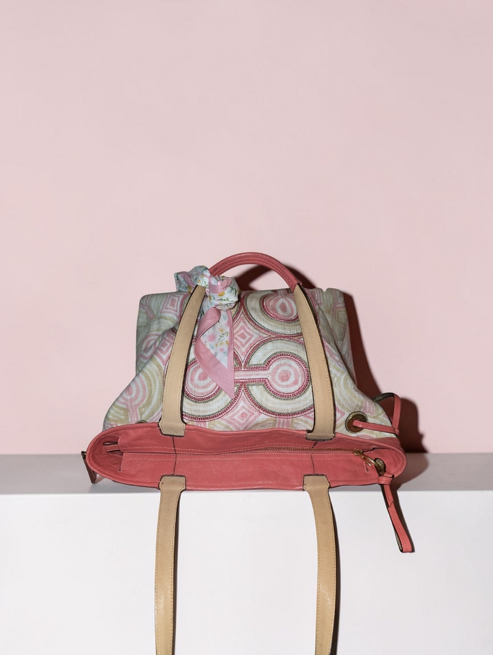 Good Condition  Coach AUDREY  Pink Patterned Tote Bag with Coral Trim - Picture 5 of 9